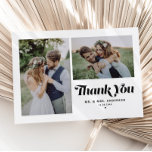 Black Retro Calligraphy Two Photo Wedding Thank You Card<br><div class="desc">Express your gratitude in style with our customisable photo wedding thank you card, featuring retro calligraphy and a charming two-photo collage. Perfect for commemorating your special day, this thank you card allows you to showcase your favourite moments while conveying heartfelt thanks to your loved ones. Personalise this photo collage wedding...</div>