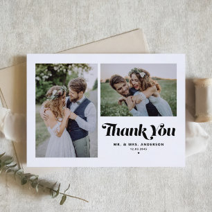 Black Retro Calligraphy Two Photo Wedding Thank You Card