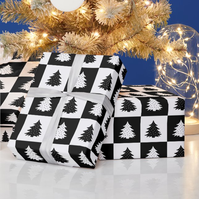 Black Retro Christmas Tree Black tartan Plaid  Wrapping Paper (Holidays)