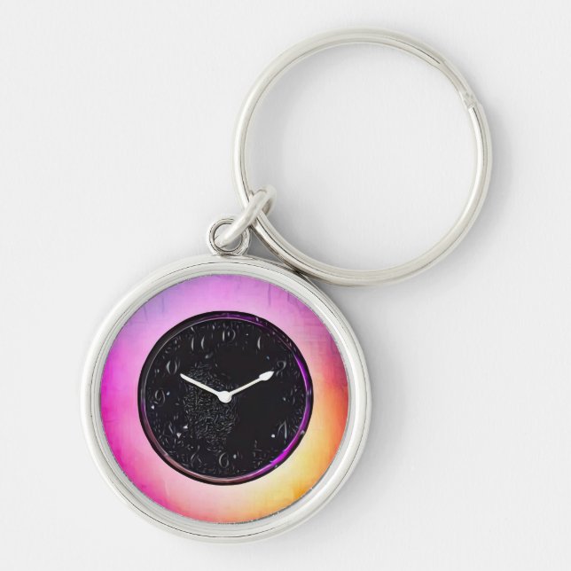 Black Retro Clock Face Key Ring (Front)