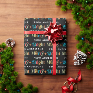 Black Retro Colorful Merry & Bright Name Christmas Wrapping Paper