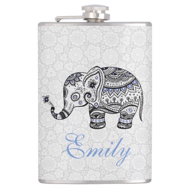 Black Retro Flowers & Elephant Blue Diamonds Hip Flask (Front)