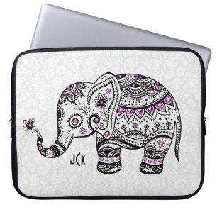 Black Retro Flowers & Elephant Pink Diamonds Laptop Sleeve