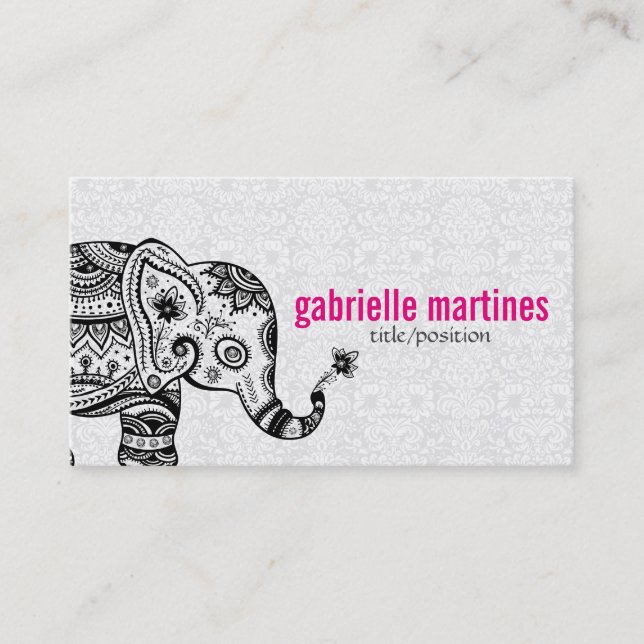 Black Retro Flowers & Elephant White Diamonds Business Card (Front)