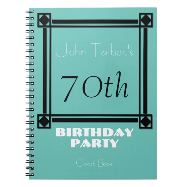 Black retro frame 70th Birthday Party GuestBook Spiral Notebook (Front)