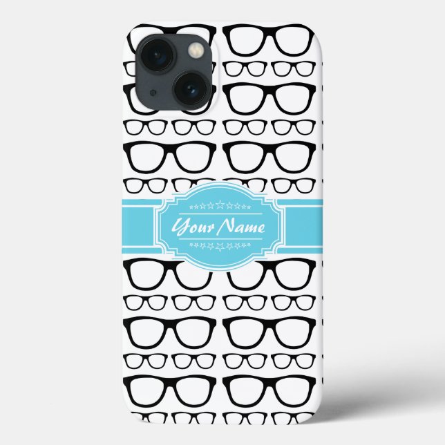Black Retro Geek Glasses Aqua Personalised Name Case-Mate iPhone Case (Back)