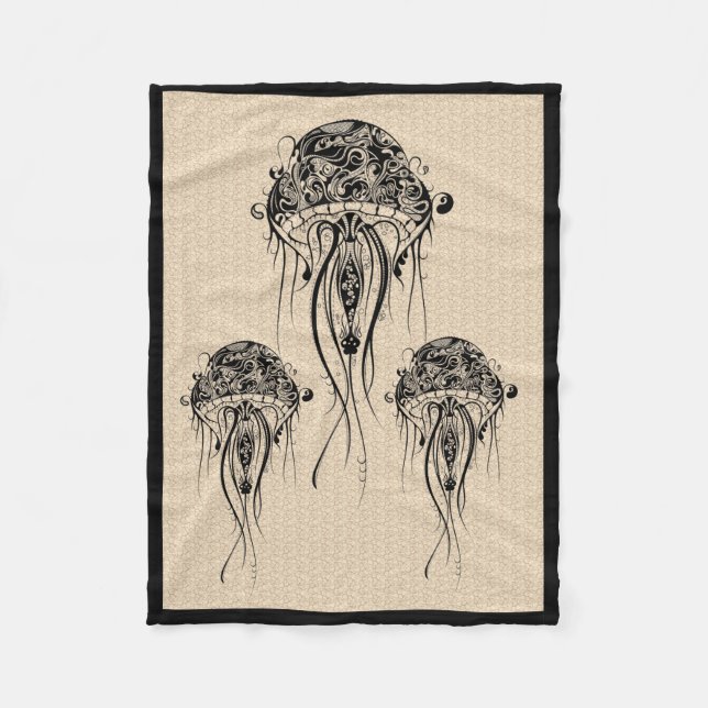 Black Retro Jellyfish Beige Background Fleece Blanket (Front)