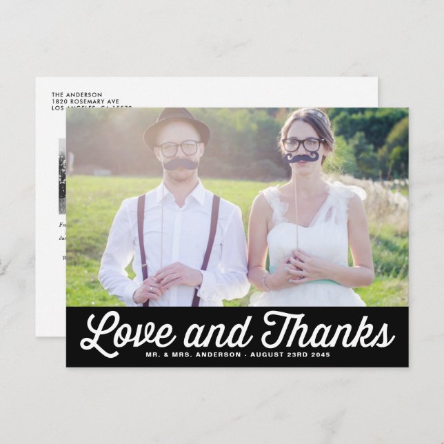 Black Retro Script Photo Wedding Thank You Postcard (Front/Back)