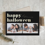 Black Retro Typography Happy Halloween Two Photo<br><div class="desc">Happy Halloween! Send Halloween greetings to family and friends with this customisable photo Halloween card. It features retro bold typography. Personalise by adding your details. This gold foil Halloween card is available on other cardstock. Matching items are available.</div>