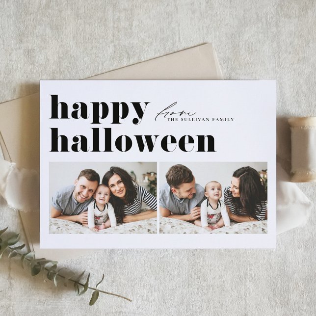 Black Retro Typography Happy Halloween Two Photo  Holiday Card (Creator Uploaded)