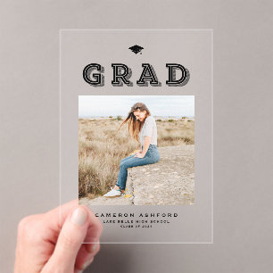 Black Retro Typography Photo Graduation Acrylic Invitations