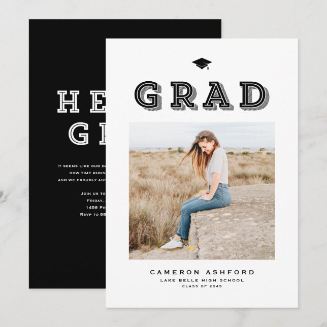 Black Retro Typography Photo Graduation Announcement (Front/Back)