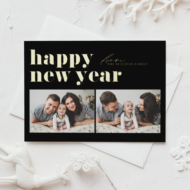 Black Retro Typography Photo Happy New Year Foil Holiday Postcard (Creator Uploaded)