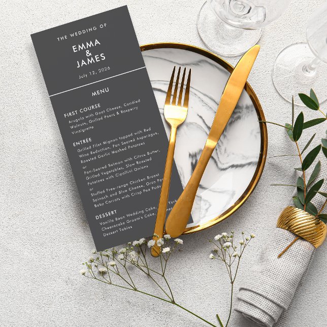 Black Reverse Ampersand Wedding | Elegant Menu (A minimalist Black reverse‑print wedding menu with clean, modern layout perfect for black tie events)