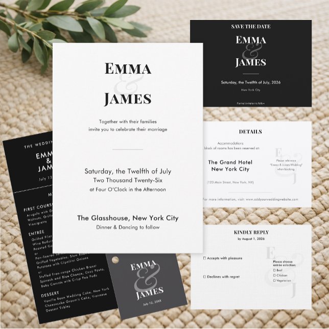 Black Reverse Minimalist Wedding | QR | Elegant Menu (Reverse black horizontal menu with crisp minimalist type for a bold, modern look.)
