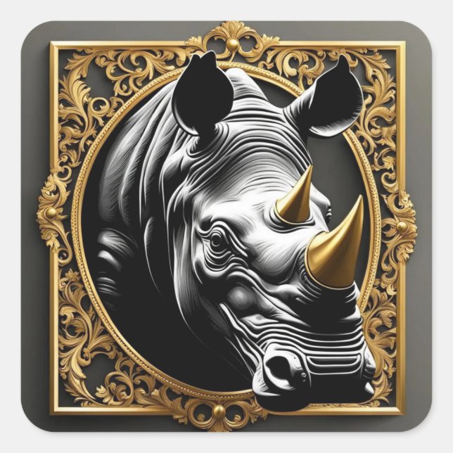 Black rhino gold ornamental frame square sticker (Front)