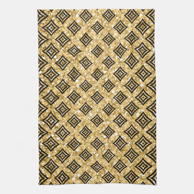 Black Rhomboid Pattern Gold Glitter Tea Towel (Vertical)