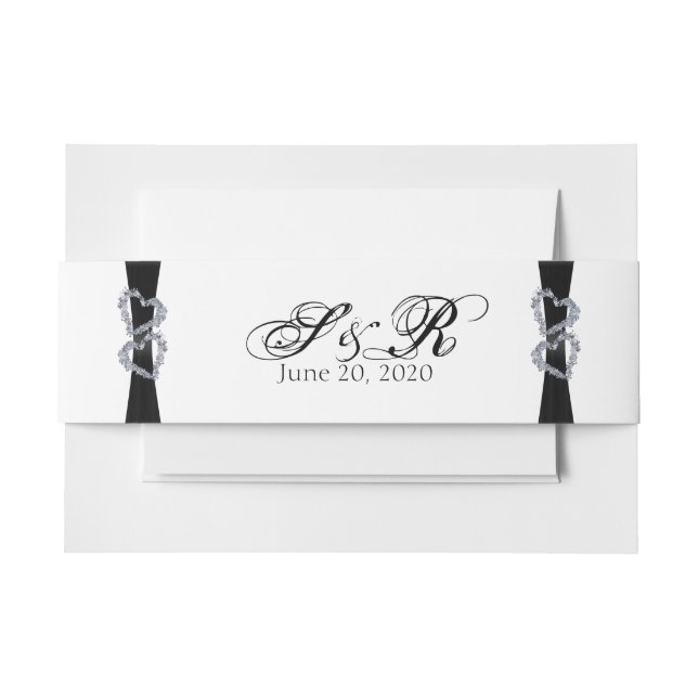 Black Ribbon and Diamond Hearts Wedding Belly Band Invitation Belly Band (Front Example)