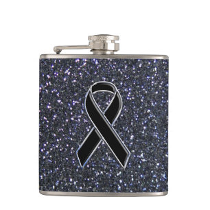 Black Ribbon Awareness Accent Decor Hip Flask