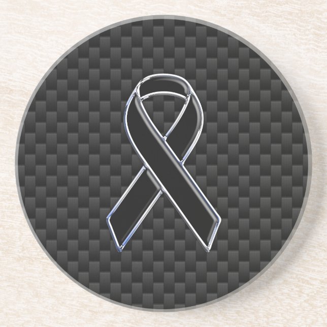 Black Ribbon Awareness Carbon Fibre Decor Coaster (Front)
