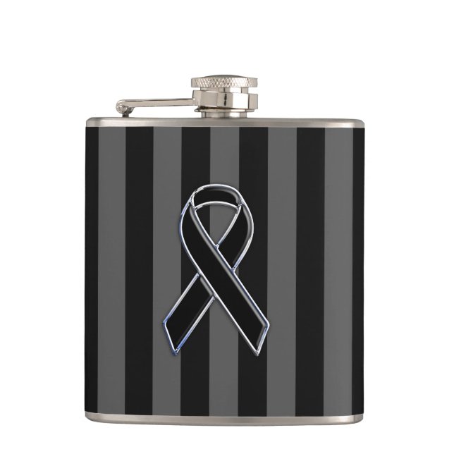 Black Ribbon Awareness on Vertical Stripes Hip Flask (Front)