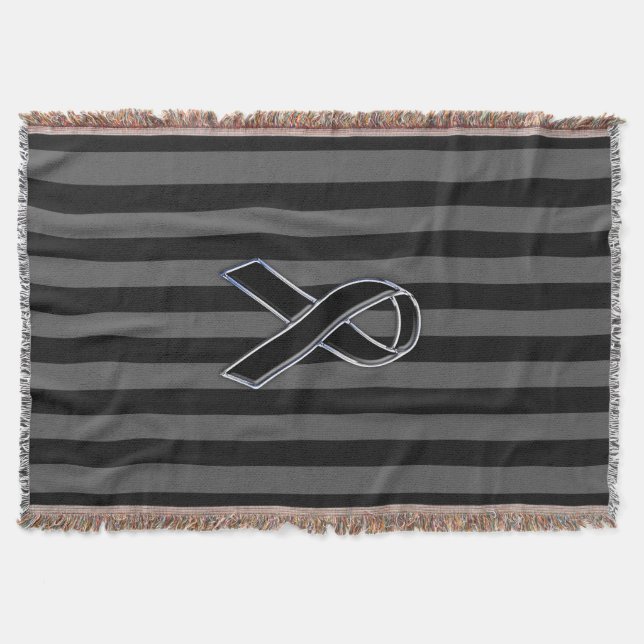 Black Ribbon Awareness on Vertical Stripes Throw Blanket (Front)