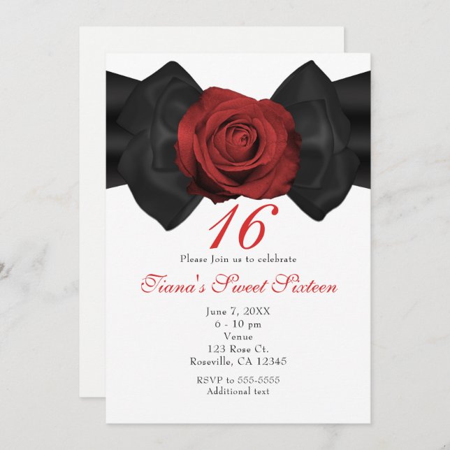 Black Ribbon Bow & Red Rose Elegant Invitations (Front/Back)