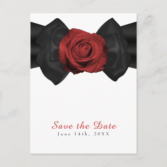 Black Ribbon Bow & Red Rose Elegant Save the Date Announcement Postcard (Front)