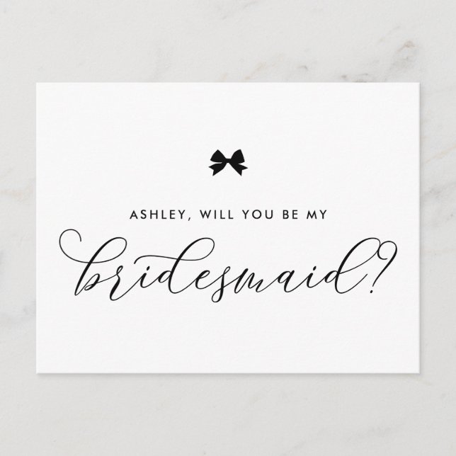 Black Ribbon Bow Will You Be My Bridesmaid Card (Front)