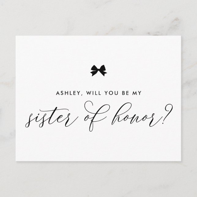 Black Ribbon Bow Will You Be My Sister of Honour Postcard (Front)