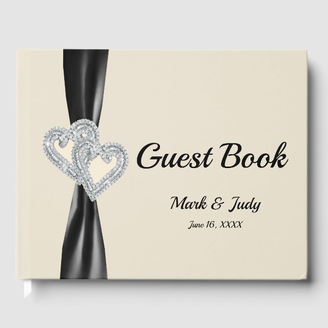Black Ribbon Diamond Hearts Wedding Guestbook (Front)