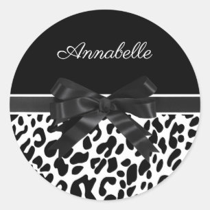 Black Ribbon Leopard Print Classic Round Sticker