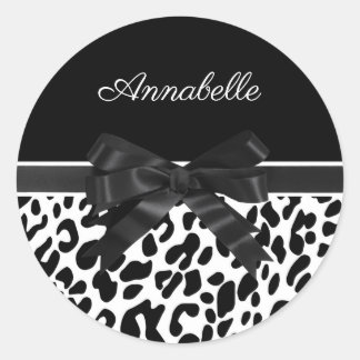 Black Ribbon Leopard Print Classic Round Sticker