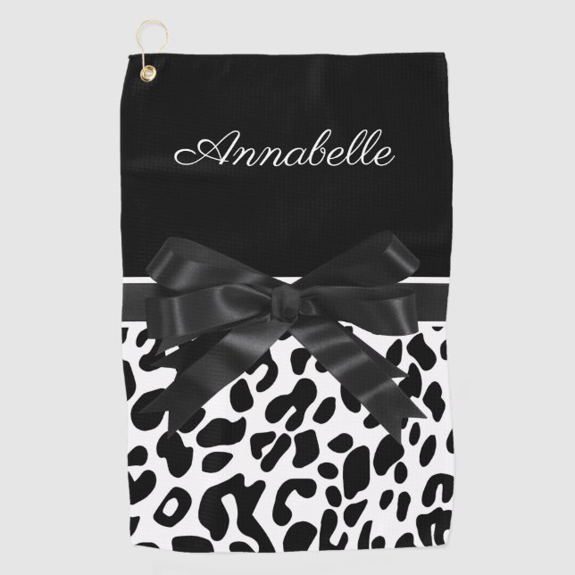 Black Ribbon Leopard Print Golf Towel (Front)