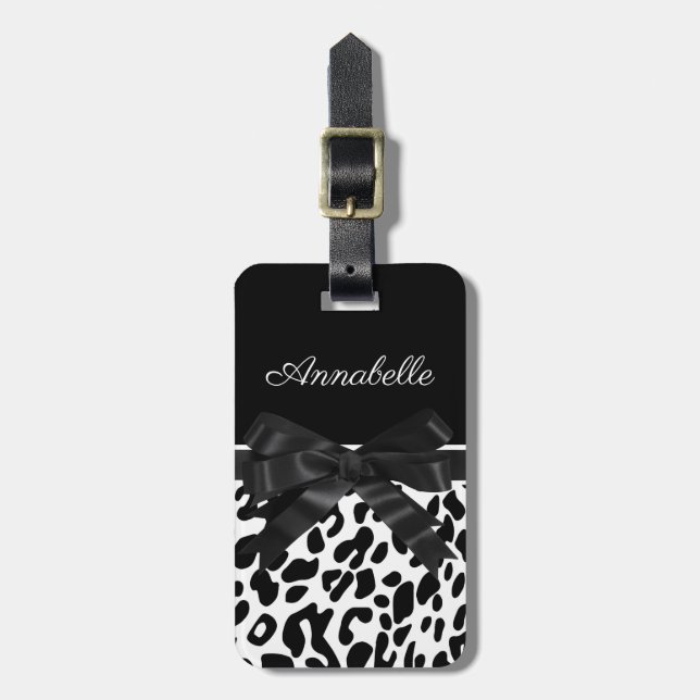 Black Ribbon Leopard Print Luggage Tag (Front Vertical)