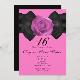 Black Ribbon & Pink Rose ANY COLOR Invitations