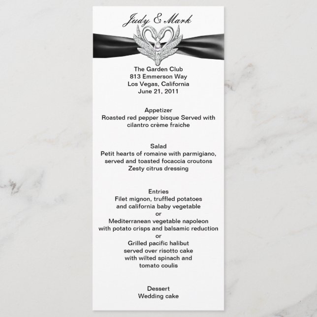 Black Ribbon Silver Swans Menu Card (Front)
