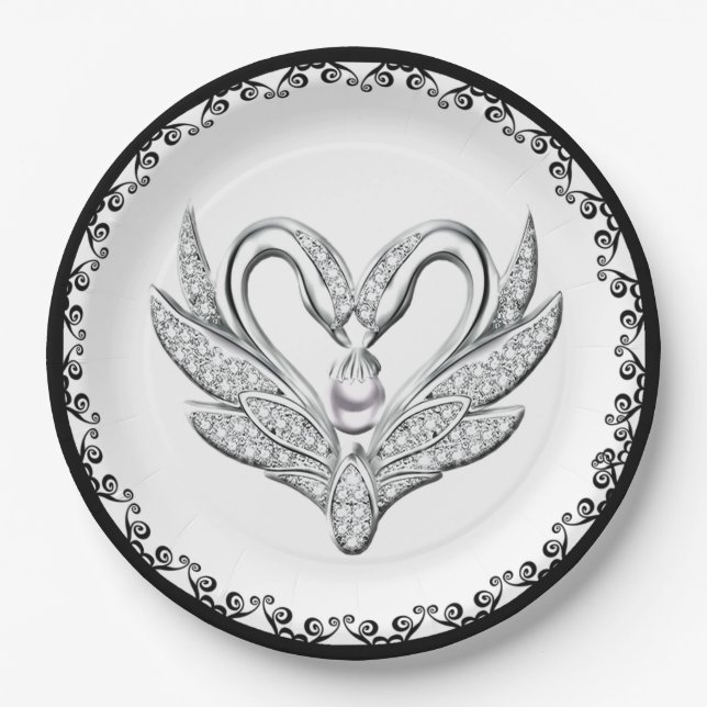 Black Ribbon Silver Swans Paper Plate (Front)