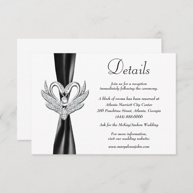 Black Ribbon Silver Swans Wedding Details Enclosure Card (Front/Back)