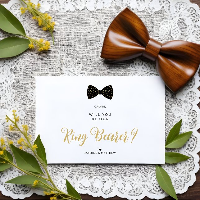 Black Ring Bearer Vintage Bow Wedding Proposal Postcard (Cute Black & Faux Gold Polka Dots Vintage Bow Tie Ring Bearer Wedding Proposal Postcard.)