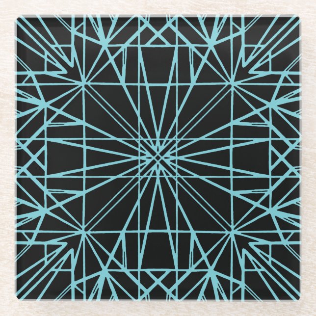 Black & Robin Egg Blue Geometric Symmetry Glass Coaster (Front)