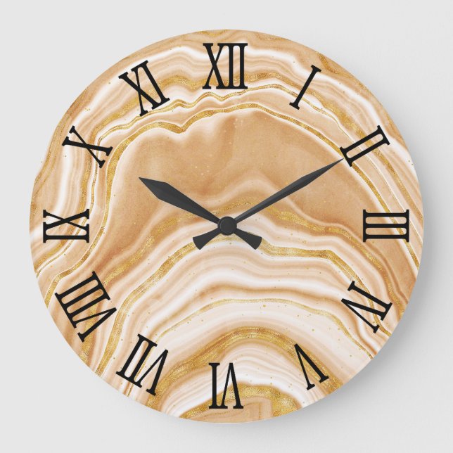 Black Roman Numerals Faux Golden Agate Large Clock (Front)
