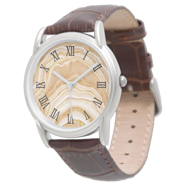 Black Roman Numerals Faux Golden Agate Watch (Angled)