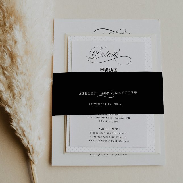 Black Romantic Calligraphy Wedding Invitation Belly Band (Creator Uploaded)