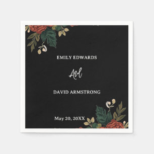 Black Romantic Dark Green Floral Wedding Napkins