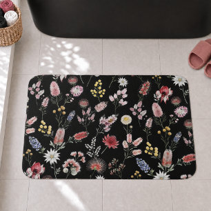 Black Romantic Moody Watercolor Wildflowers Bath Mat