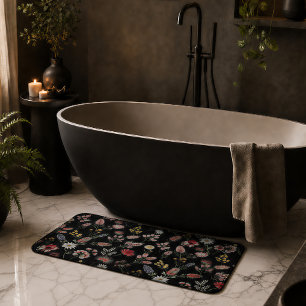 Black Romantic Moody Watercolor Wildflowers Bath Mat