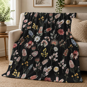 Black Romantic Moody Watercolor Wildflowers Fleece Blanket