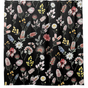 Black Romantic Moody  Watercolor Wildflowers Shower Curtain