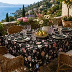 Black Romantic Moody Watercolor Wildflowers Tablecloth